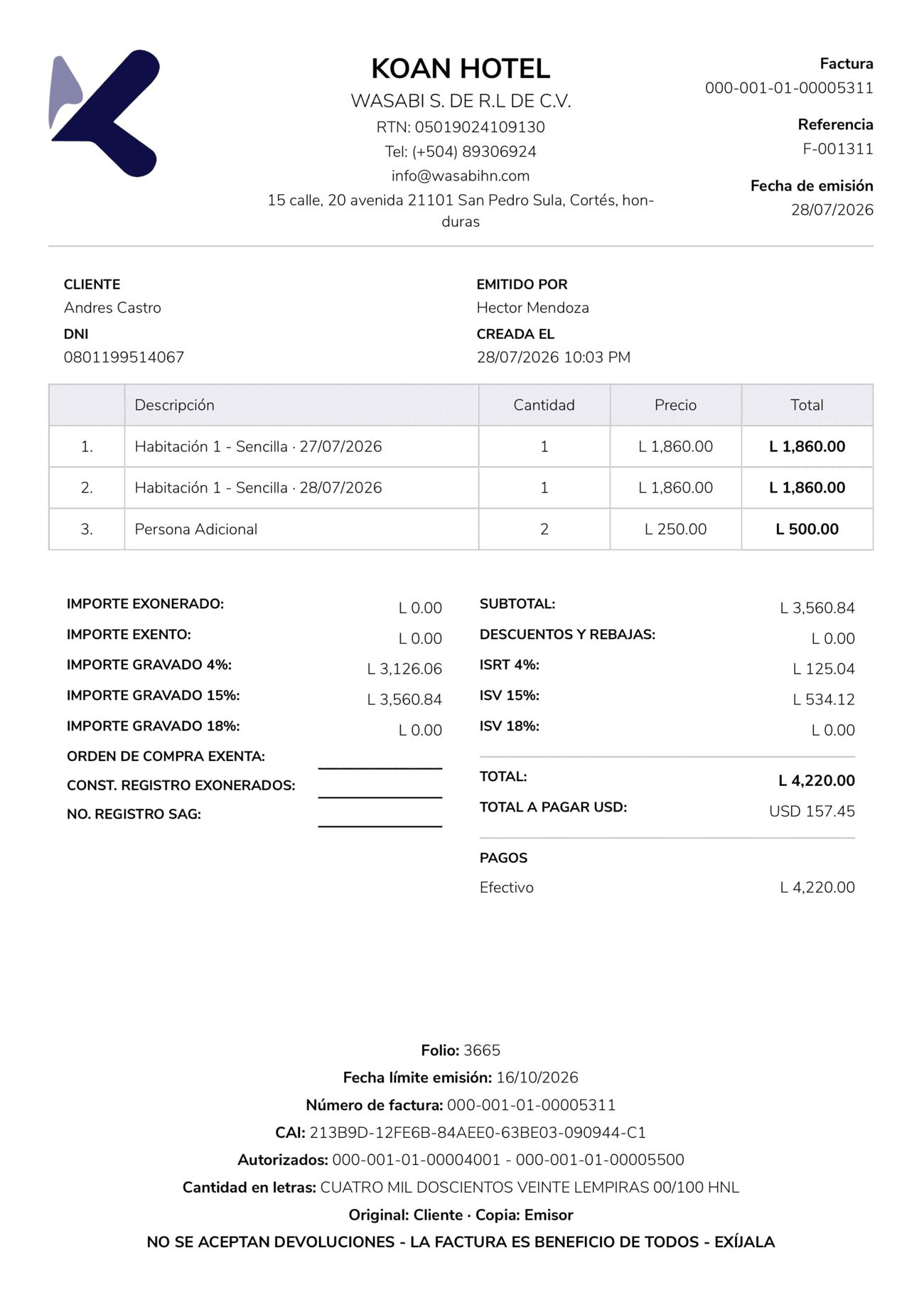 Factura fiscal generada en Kōan, con CAI, rango autorizado, desglose de impuestos y fecha límite de emisión (datos de ejemplo)